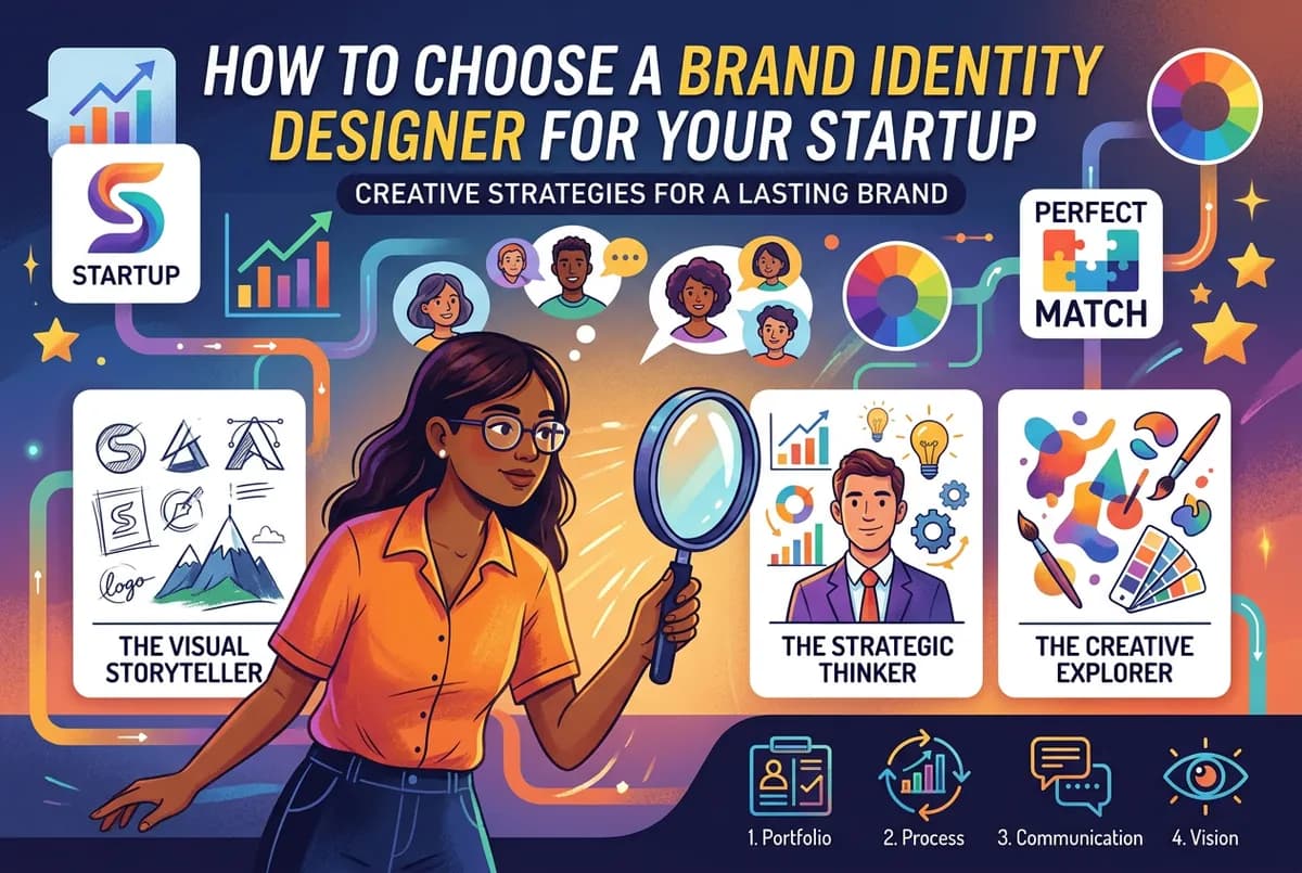 Founder reviewing designer portfolios to choose the right brand identity designer